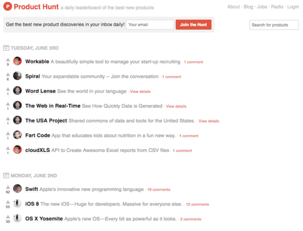 ProductHunt MVP Screen