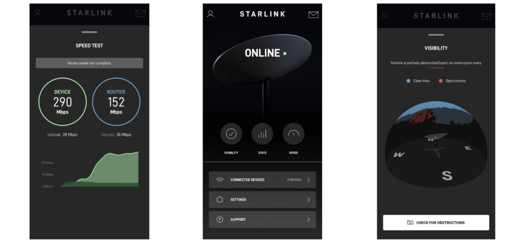 Starlink App Key Screens