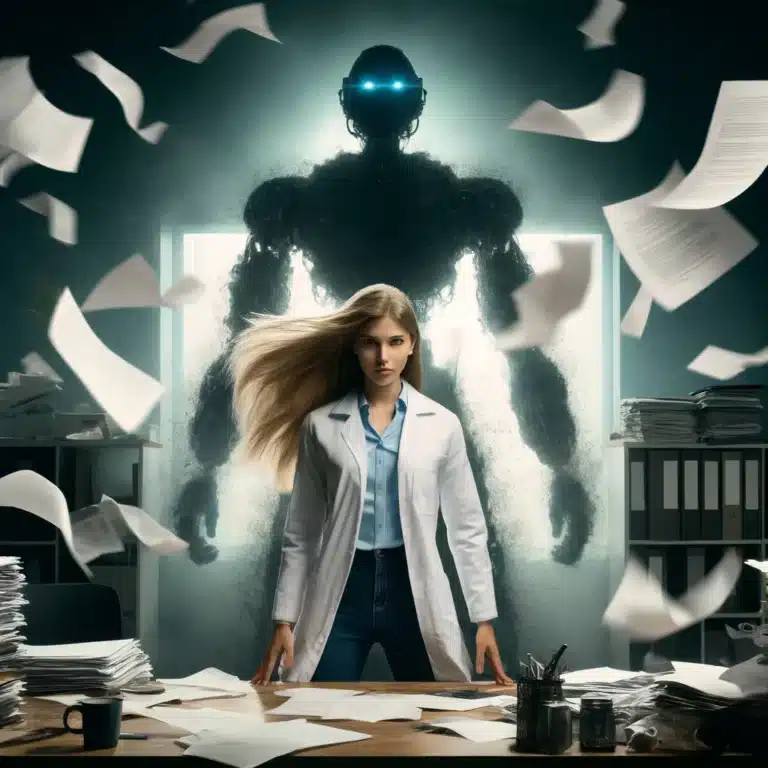 data scientist with AI looming over them
