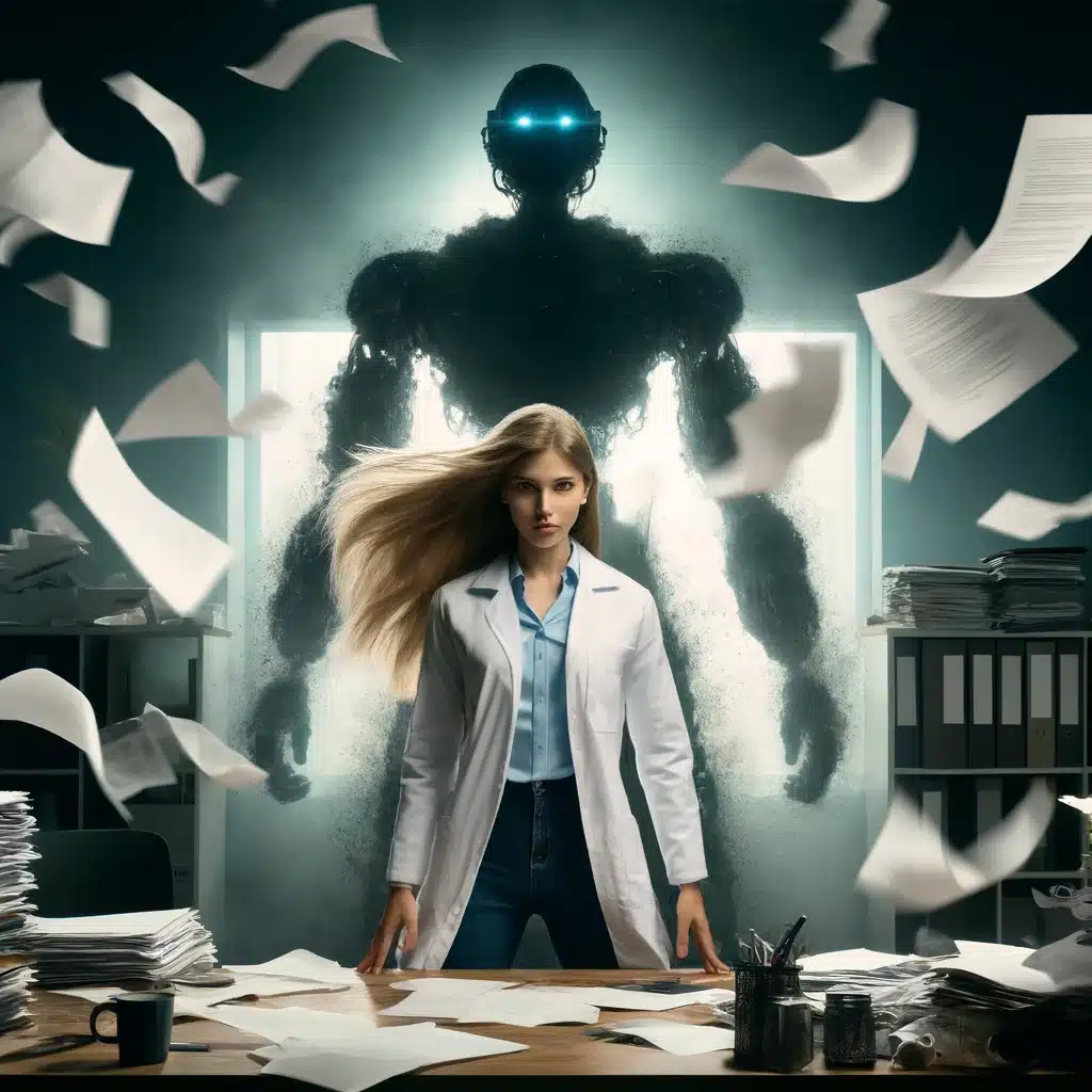 data scientist with AI looming over them