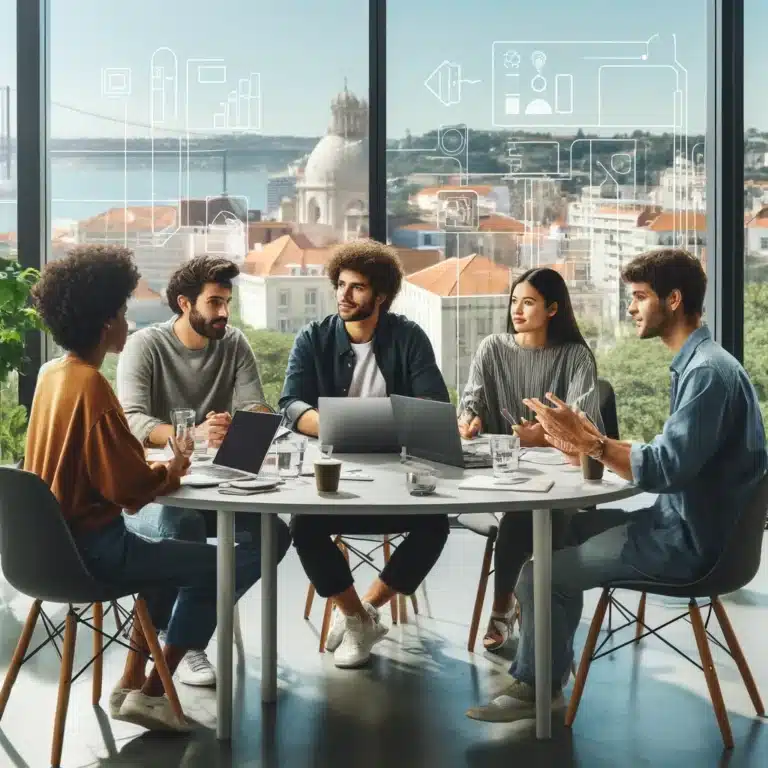 A group of startup founders sit in a roundtable discussion in an office with a Lisbon backdrop