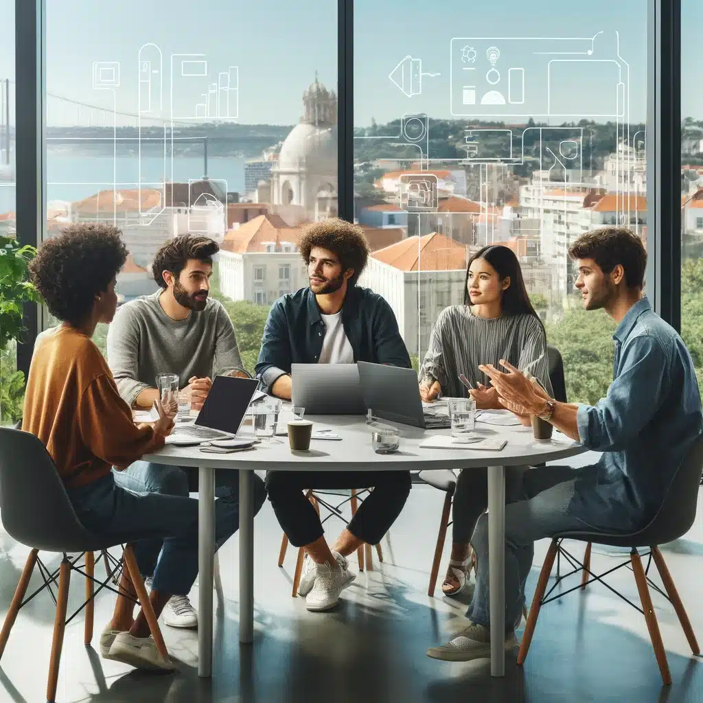 A group of startup founders sit in a roundtable discussion in an office with a Lisbon backdrop