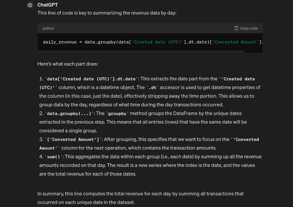 Generating python code to track startup KPIs on ChatGPT -explanation output