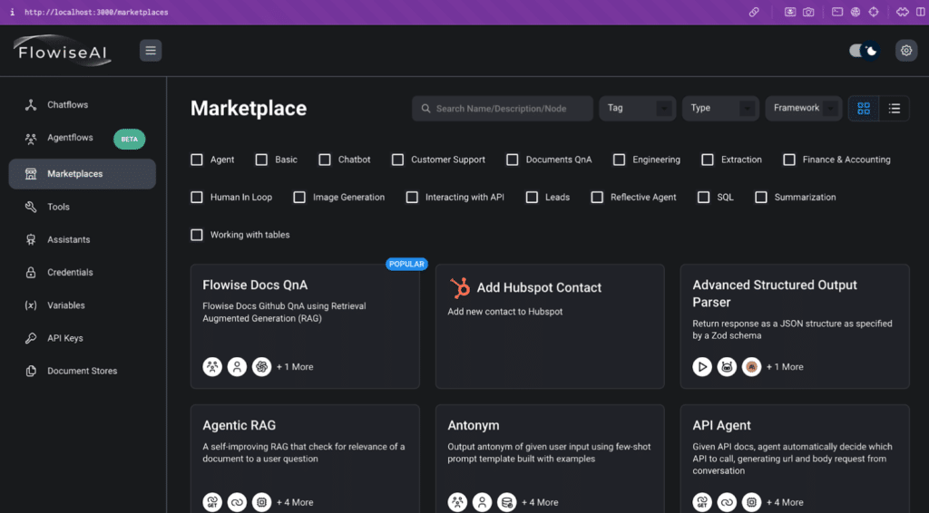 Flowise AI Agent Marketplace Dashboard