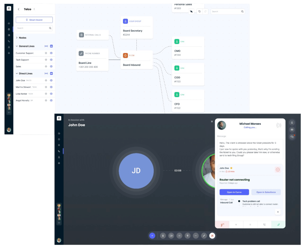 Product screens for Curve – versatile communication hub for SME and corporate managers, offering a seamless Contact Centre and Internal Communication system that integrates with your CRM.
