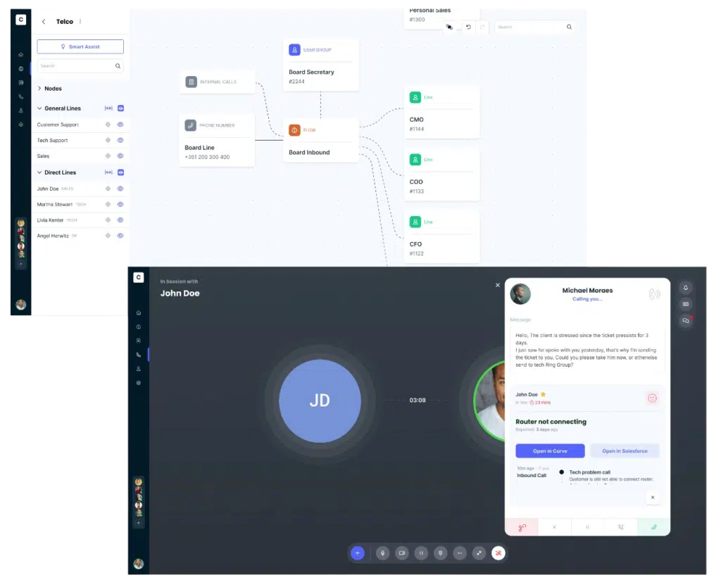 Product screens for Curve – versatile communication hub for SME and corporate managers, offering a seamless Contact Centre and Internal Communication system that integrates with your CRM.