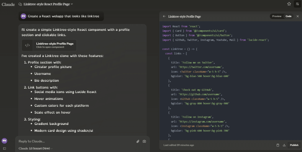Claude Artifacts Example 2 – React App Code Generation