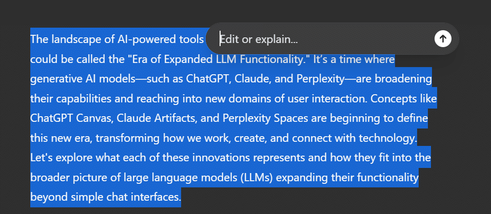 ChatGPT Canvas Example 2 - Text selection and asking ChatGPT AI for input