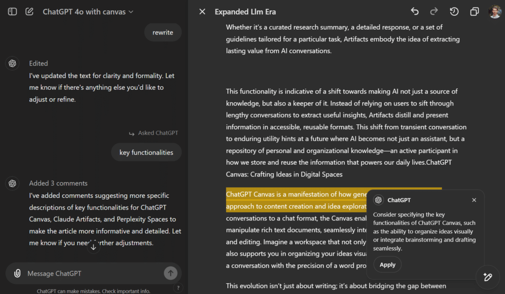 ChatGPT Canvas Example 3 – AI suggesting edits in ChatGPT Canvas